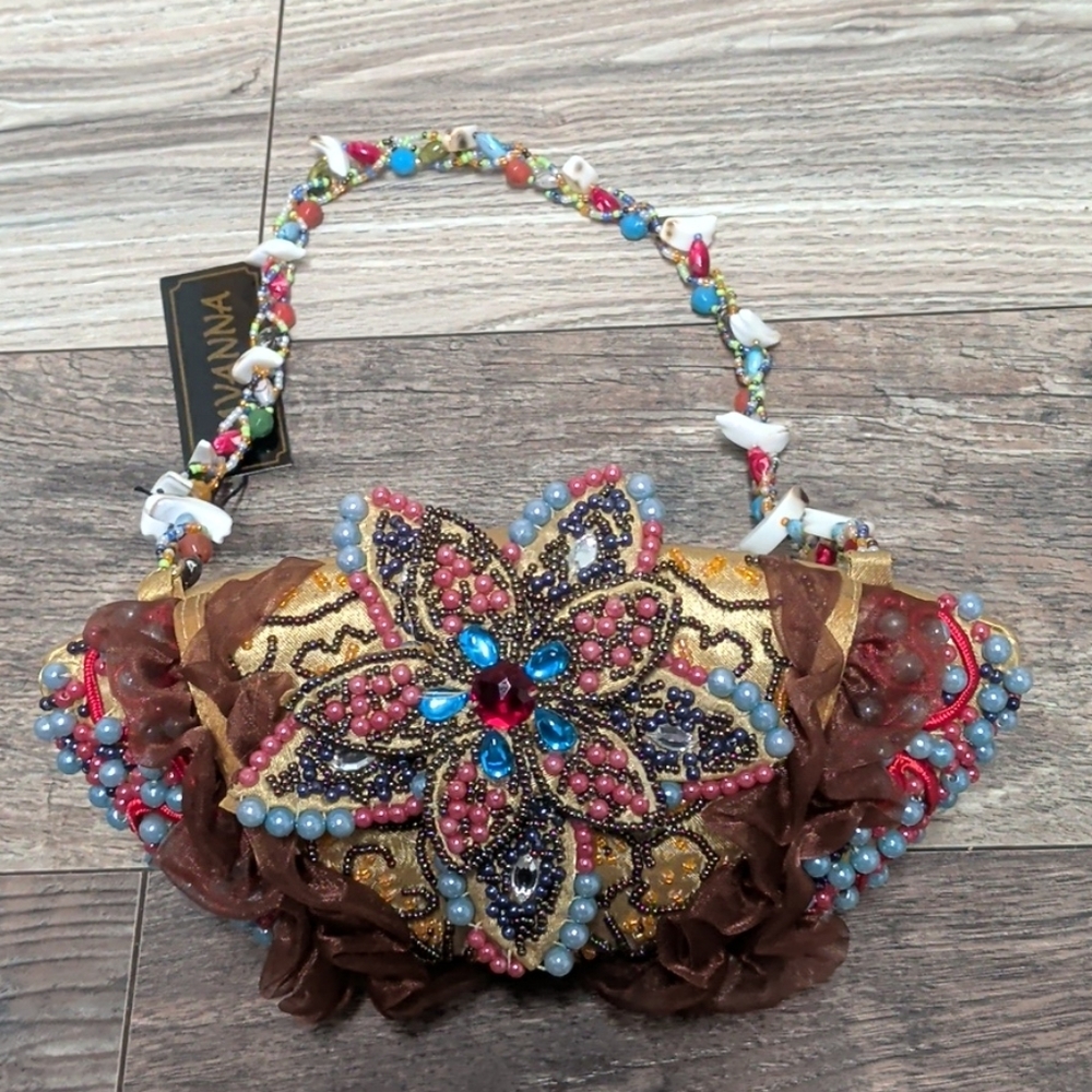 Savanna Faux Pearl/Gem Embellished Hardshell Evening Bag Beaded Tulle Gold Satin